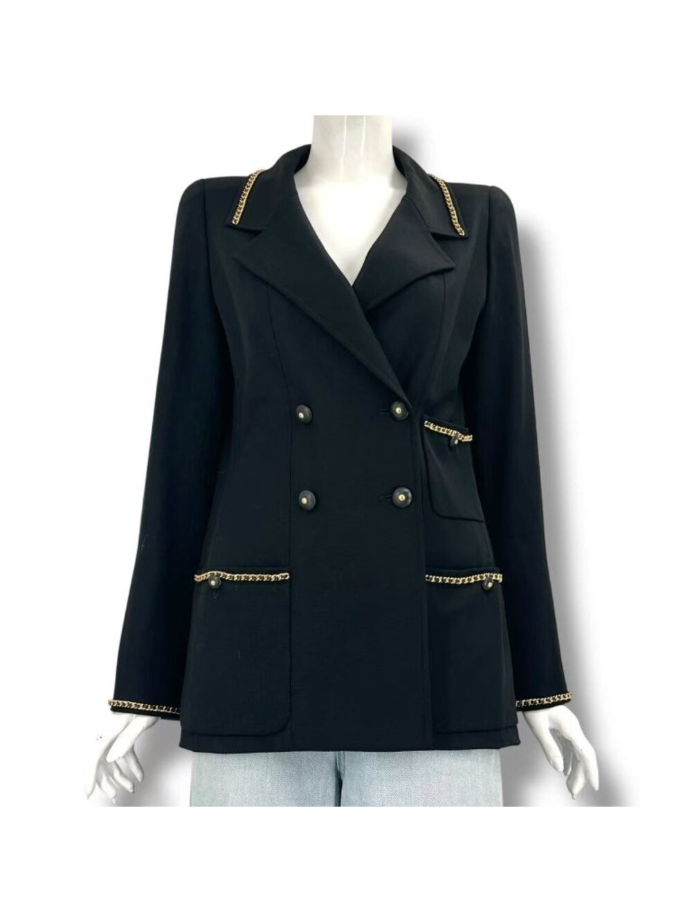 Chanel Vintage Jacket Gold Chain Button Wool Black 38